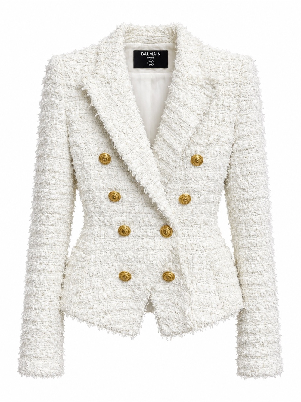 Balmain Ivory Tweed Double-Breasted Blazer with Gold Buttons
